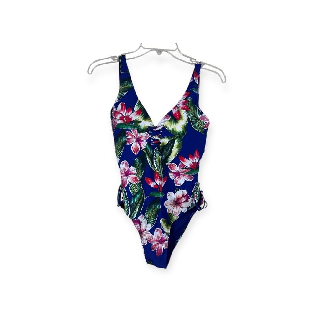TiniBikini  Blue Tropical One Piece swimsuit with ties size large
